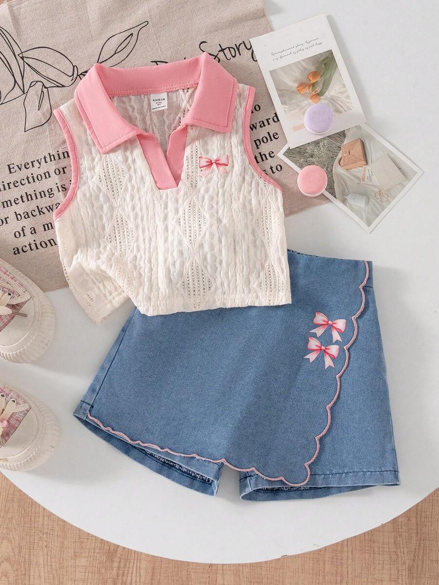 Toddler Girls Textured Knit Vest Top And Denim Skort Flower Embroidered Summer Outfit Set