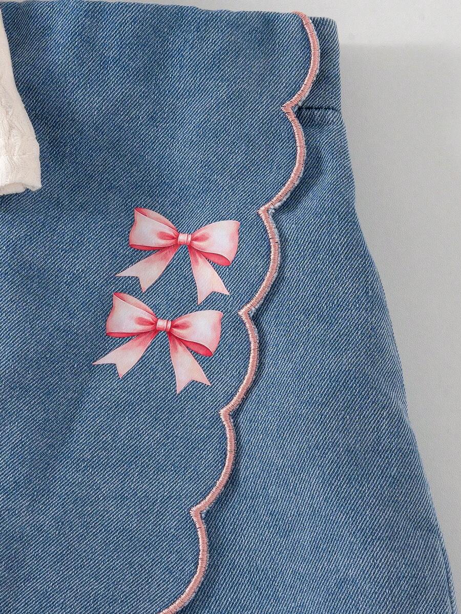 Toddler Girls Textured Knit Vest Top And Denim Skort Flower Embroidered Summer Outfit Set