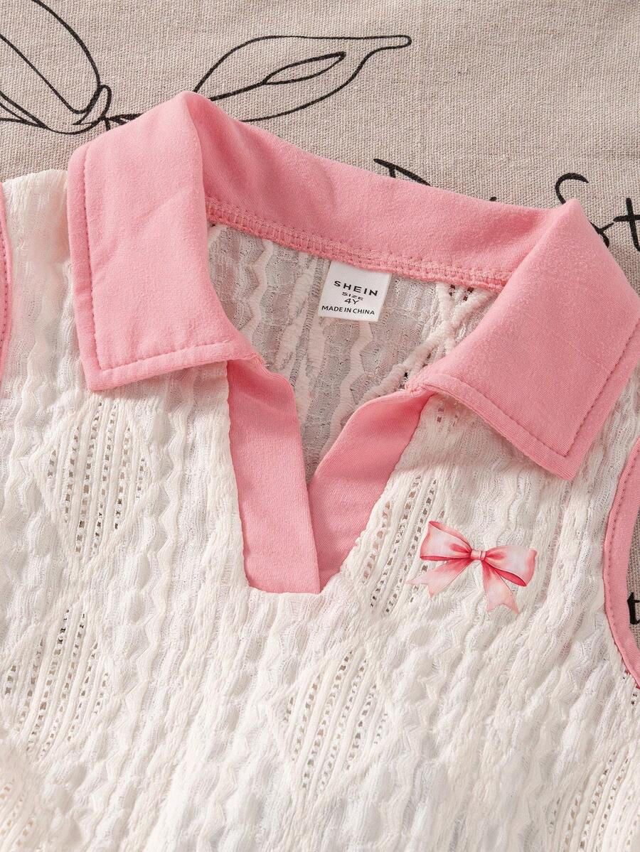 Toddler Girls Textured Knit Vest Top And Denim Skort Flower Embroidered Summer Outfit Set