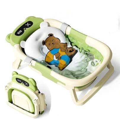 Collapsible Baby Bathtub with Bath Net Portable Non Slip Infant Travel Bath Tub Dinosaur Design