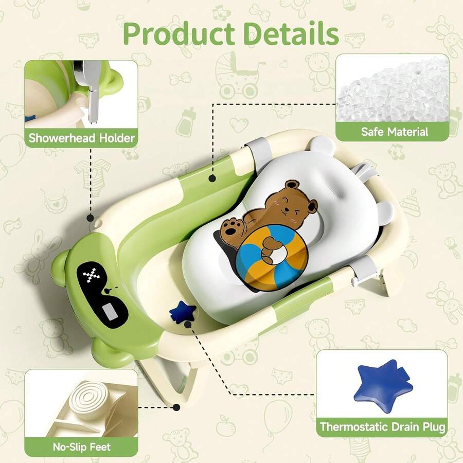 Collapsible Baby Bathtub with Bath Net Portable Non Slip Infant Travel Bath Tub Dinosaur Design