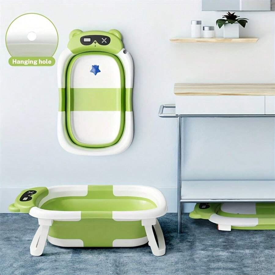 Collapsible Baby Bathtub with Bath Net Portable Non Slip Infant Travel Bath Tub Dinosaur Design