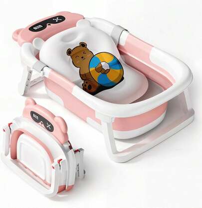 Collapsible Baby Bathtub with Bath Net Portable Non Slip Infant Travel Bath Tub Dinosaur Design