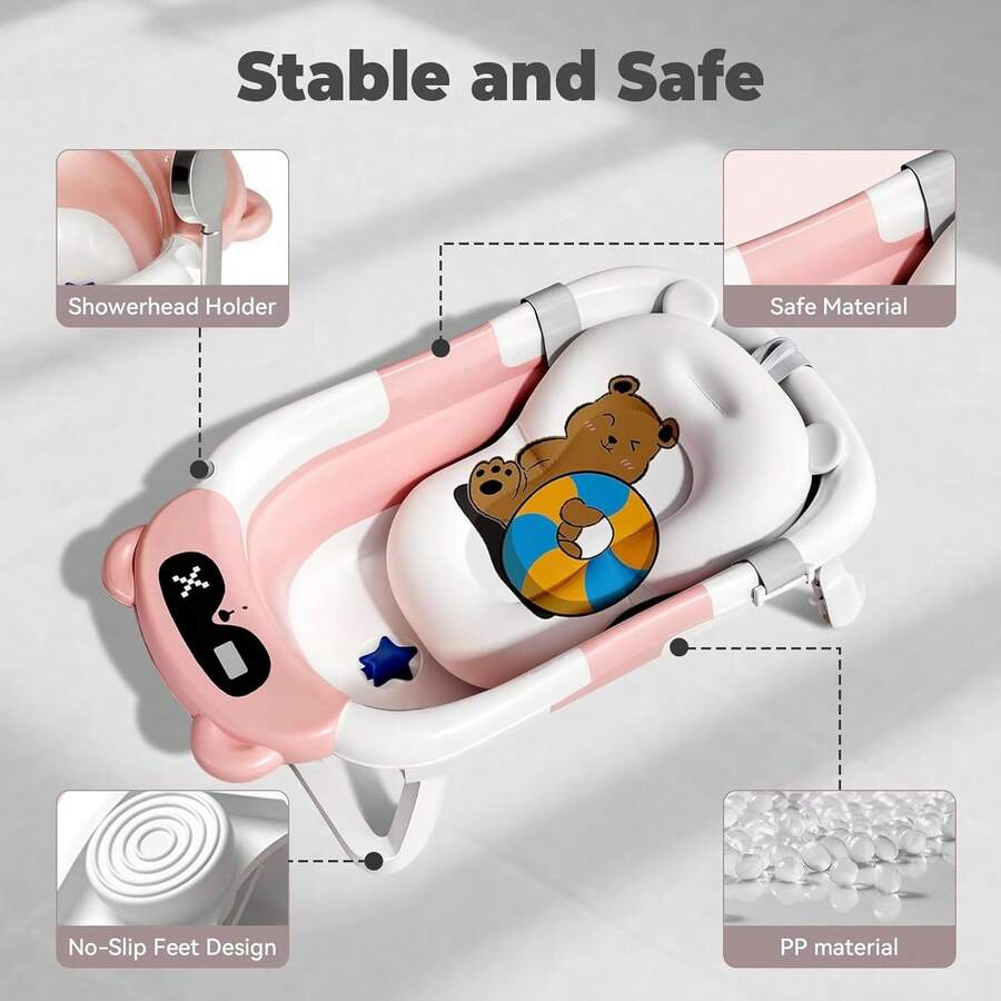 Collapsible Baby Bathtub with Bath Net Portable Non Slip Infant Travel Bath Tub Dinosaur Design