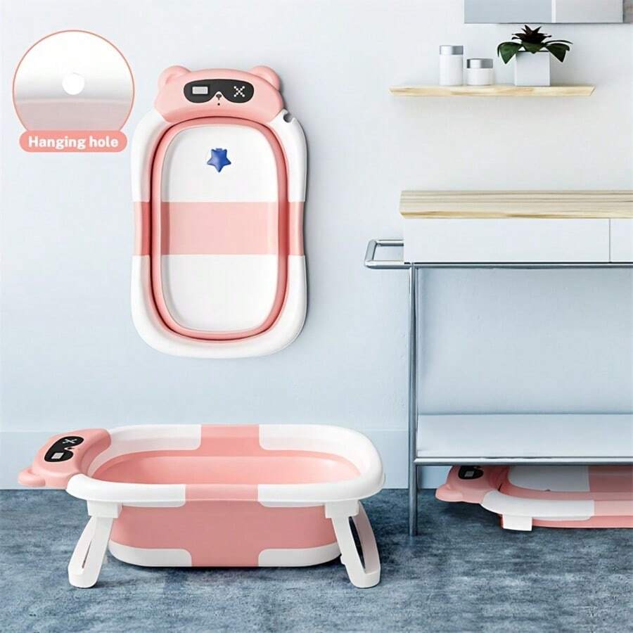 Collapsible Baby Bathtub with Bath Net Portable Non Slip Infant Travel Bath Tub Dinosaur Design