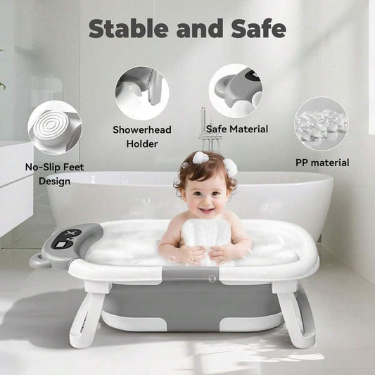 Collapsible Baby Bathtub with Bath Net Portable Non Slip Infant Travel Bath Tub Dinosaur Design