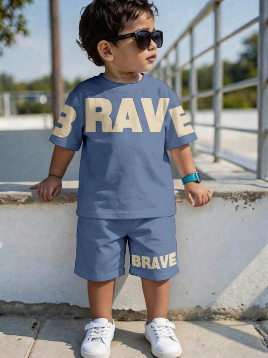Baby Boy Brave Text Graphic Print T Shirt and Shorts Casual Summer Outfit Set