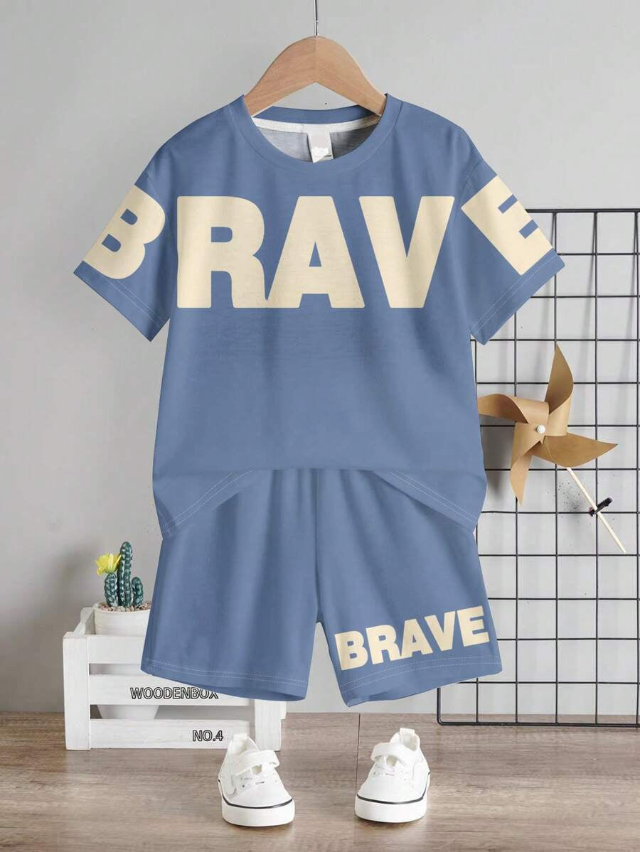 Baby Boy Brave Text Graphic Print T Shirt and Shorts Casual Summer Outfit Set