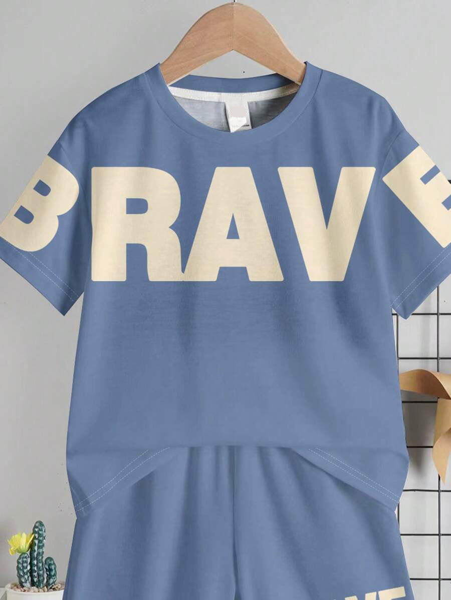 Baby Boy Brave Text Graphic Print T Shirt and Shorts Casual Summer Outfit Set