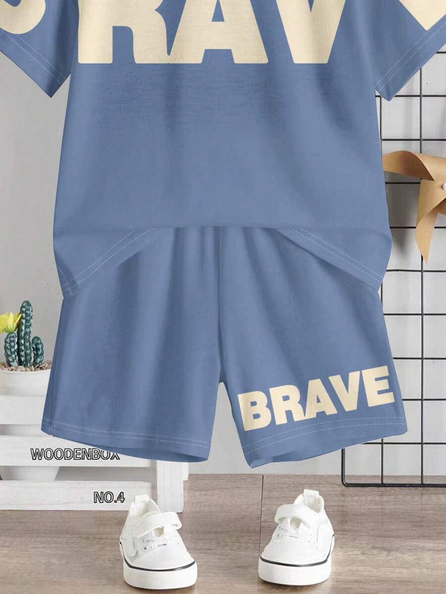 Baby Boy Brave Text Graphic Print T Shirt and Shorts Casual Summer Outfit Set