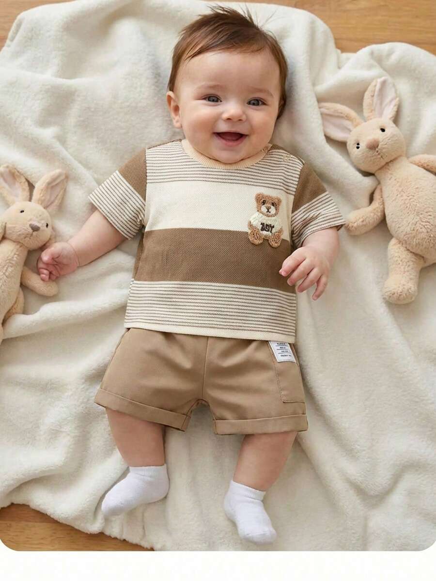 Colorful Striped Knit Top and Shorts Outfit Set for Cute Summer Daily Wear