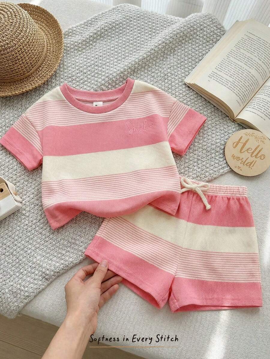 Rainbow Top And Elastic Waist Shorts Set For Toddler Girls Casual Wear