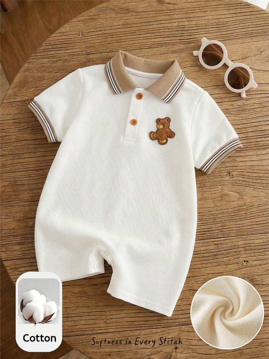 Unisex Newborn Baby Contrast Color Jacquard Polo Collar Half Zip Short Sleeve Jumpsuit Summer Outfit