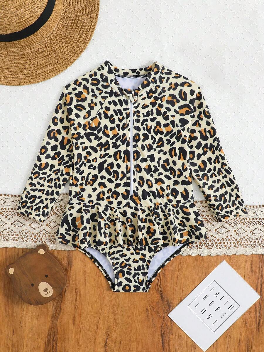 Leopard Print One Piece Swimsuit For Baby Girls With Ruffle Trim Beachwear