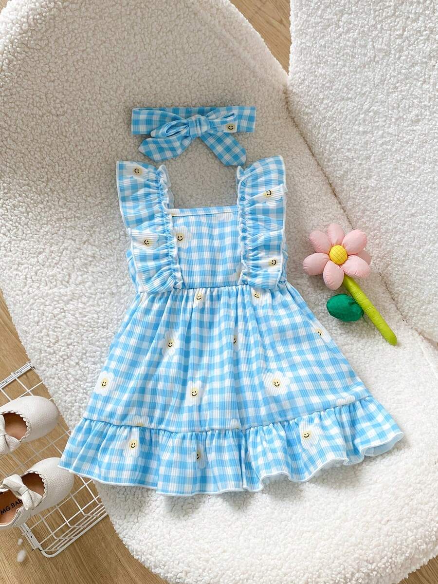 2PCS Baby Strawberry Plaid Dress and Bow Headband Set for Cute Spring and Summer Outings