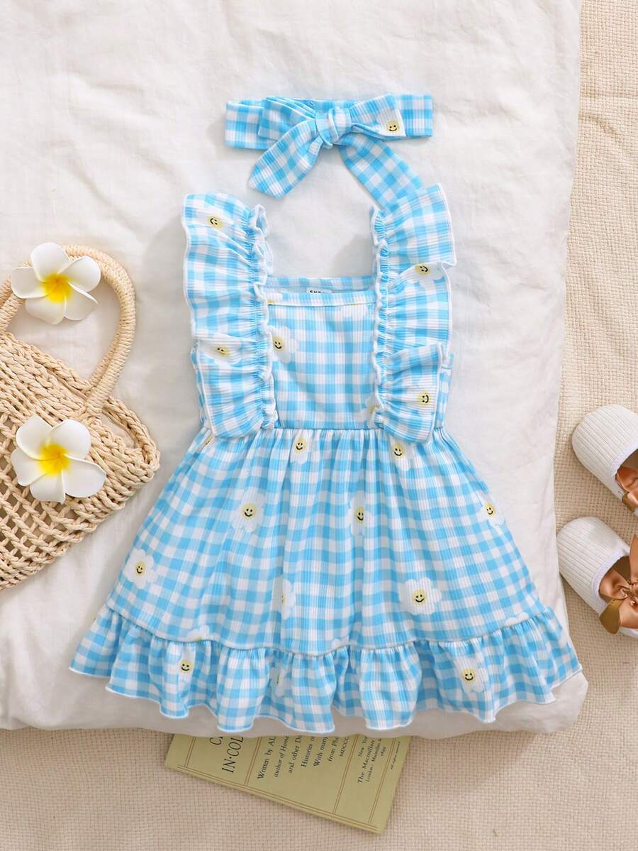 2PCS Baby Strawberry Plaid Dress and Bow Headband Set for Cute Spring and Summer Outings