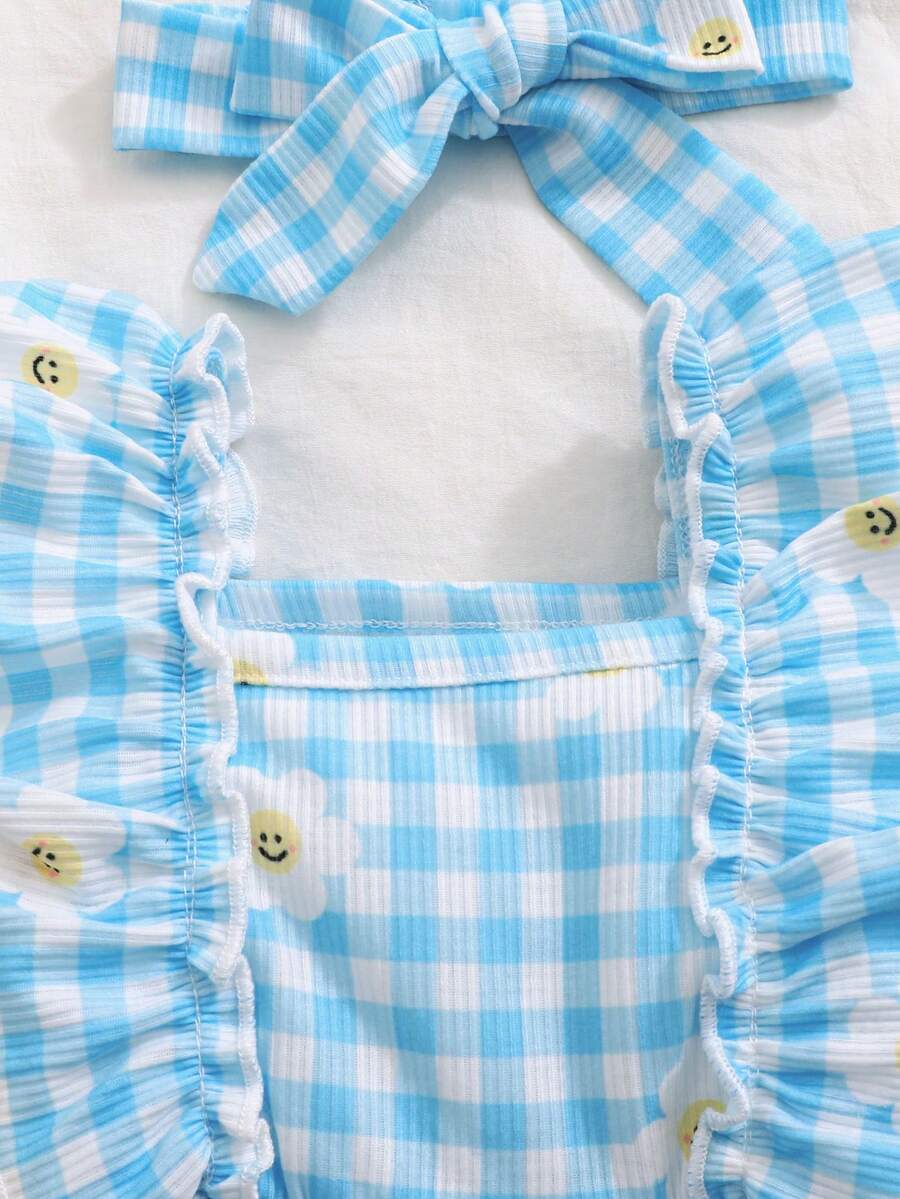 2PCS Baby Strawberry Plaid Dress and Bow Headband Set for Cute Spring and Summer Outings