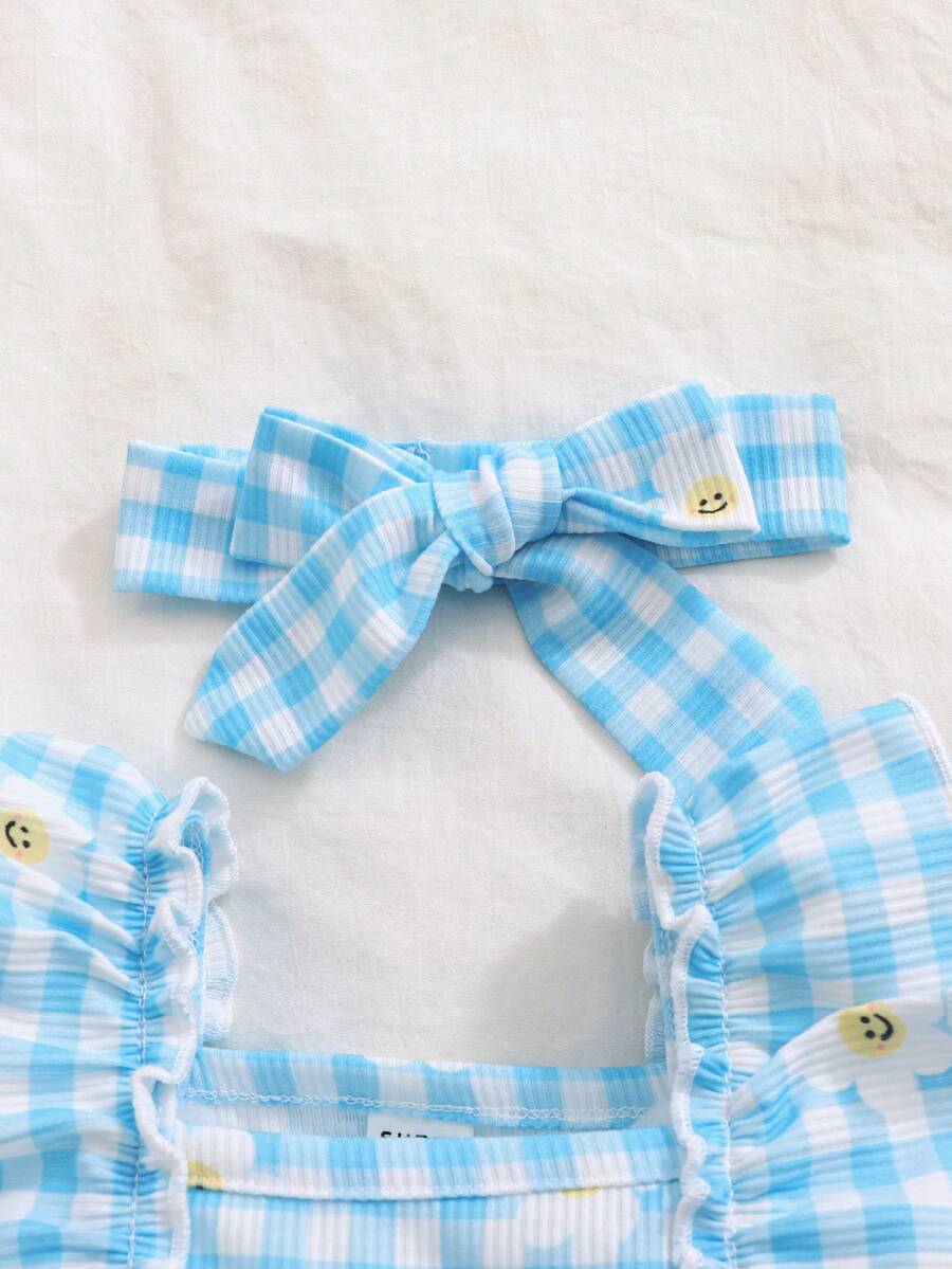 2PCS Baby Strawberry Plaid Dress and Bow Headband Set for Cute Spring and Summer Outings