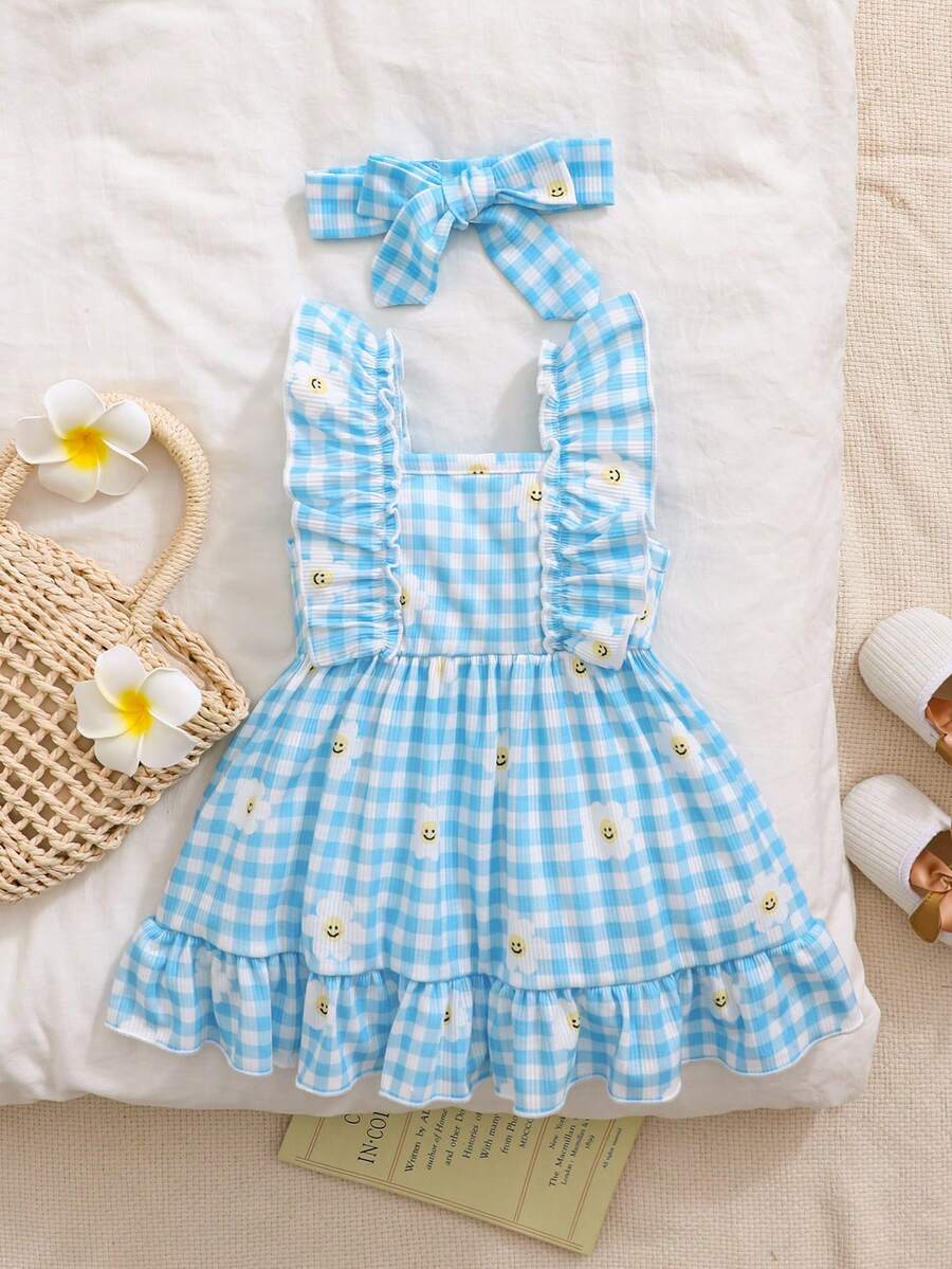 2PCS Baby Strawberry Plaid Dress and Bow Headband Set for Cute Spring and Summer Outings