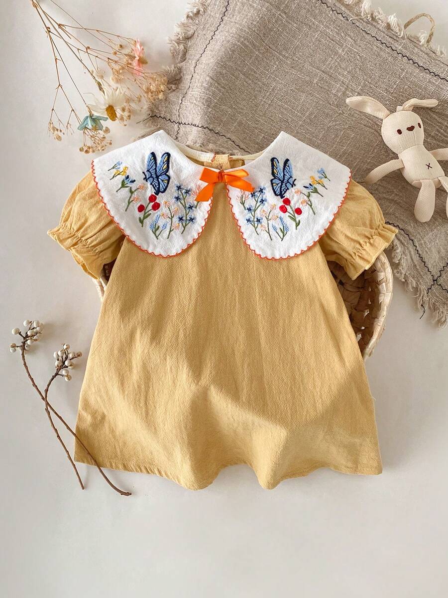 Infant Girl Peter Pan Collar Floral Embroidered Summer Dress for Casual Wear