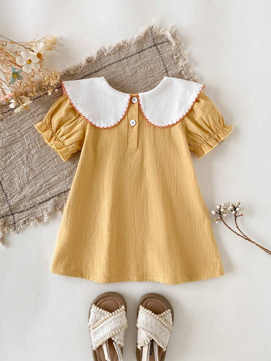 Infant Girl Peter Pan Collar Floral Embroidered Summer Dress for Casual Wear