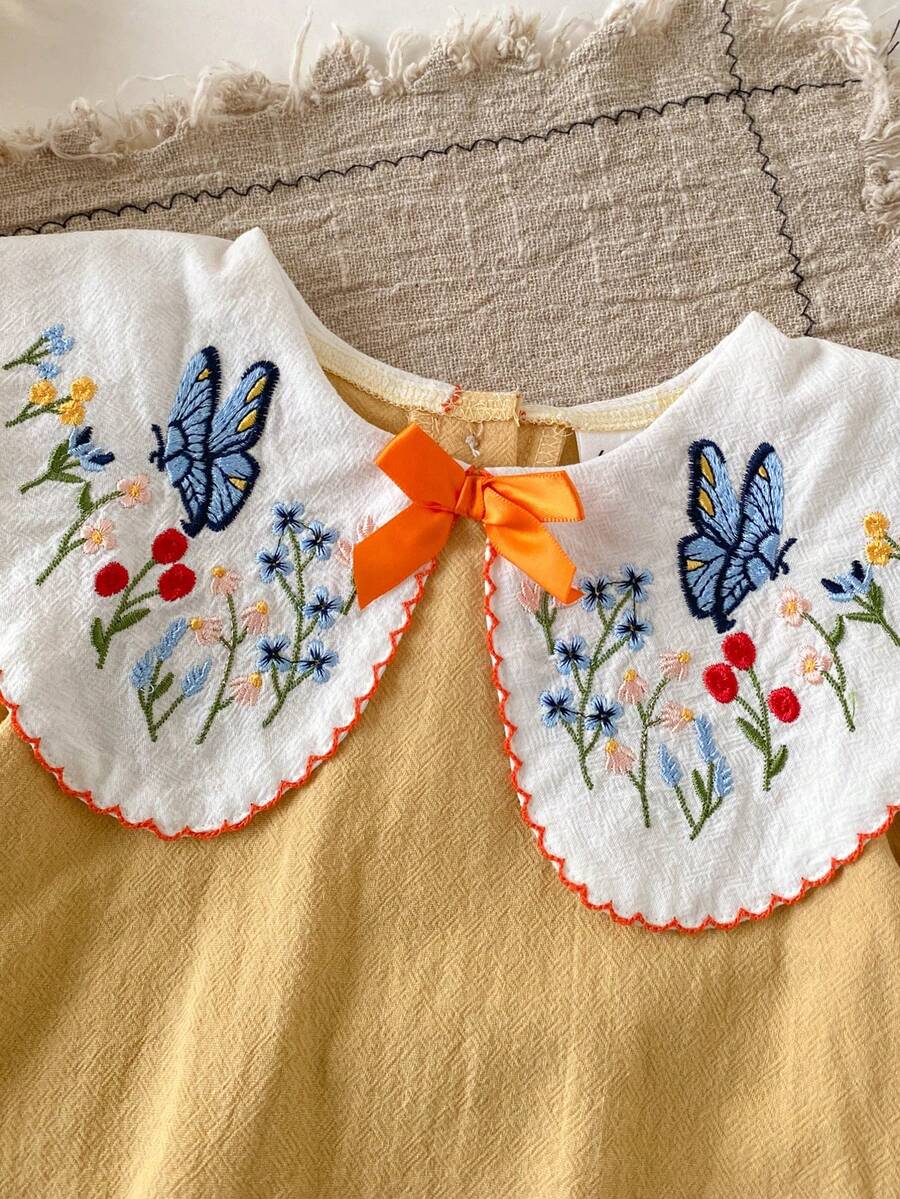 Infant Girl Peter Pan Collar Floral Embroidered Summer Dress for Casual Wear