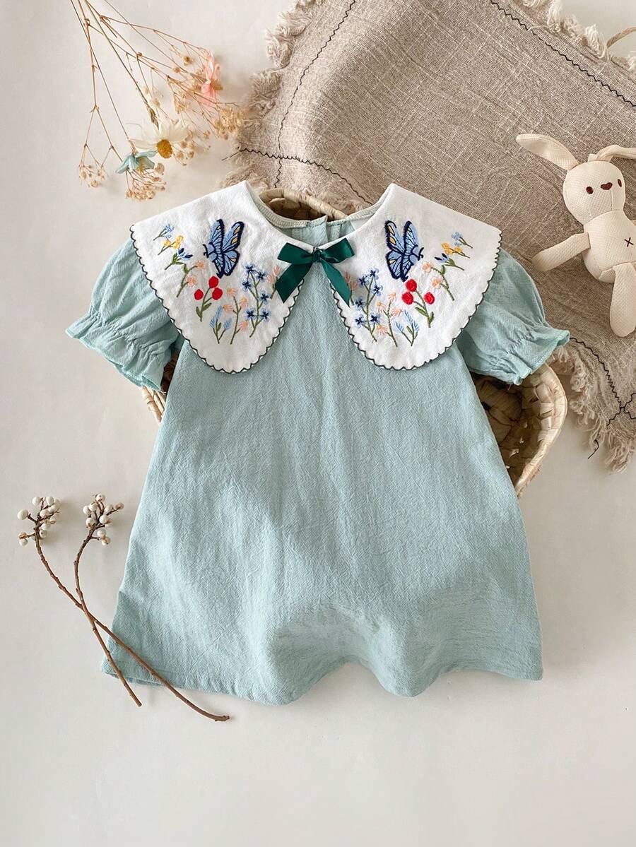Infant Girl Peter Pan Collar Floral Embroidered Summer Dress for Casual Wear