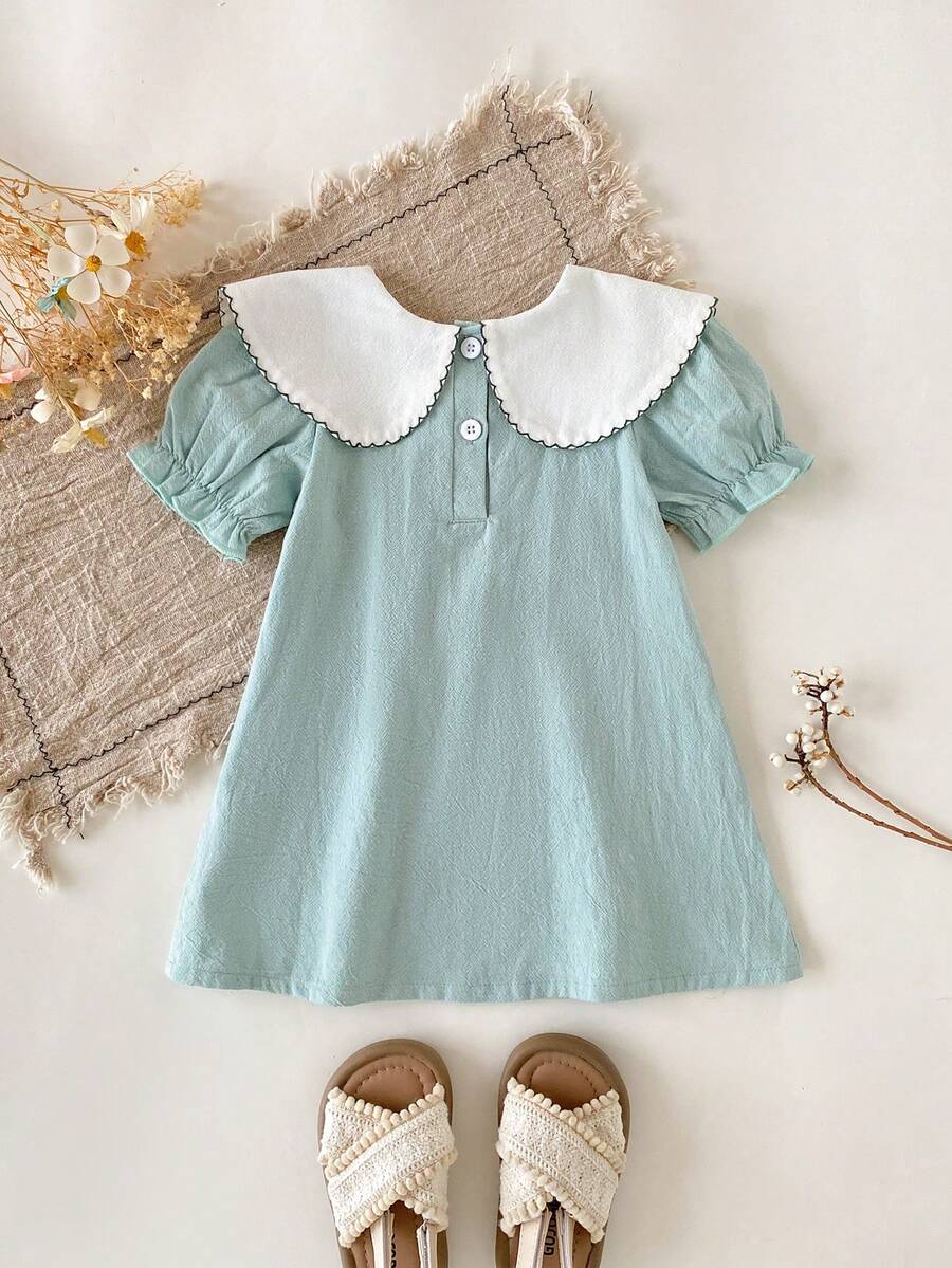 Infant Girl Peter Pan Collar Floral Embroidered Summer Dress for Casual Wear