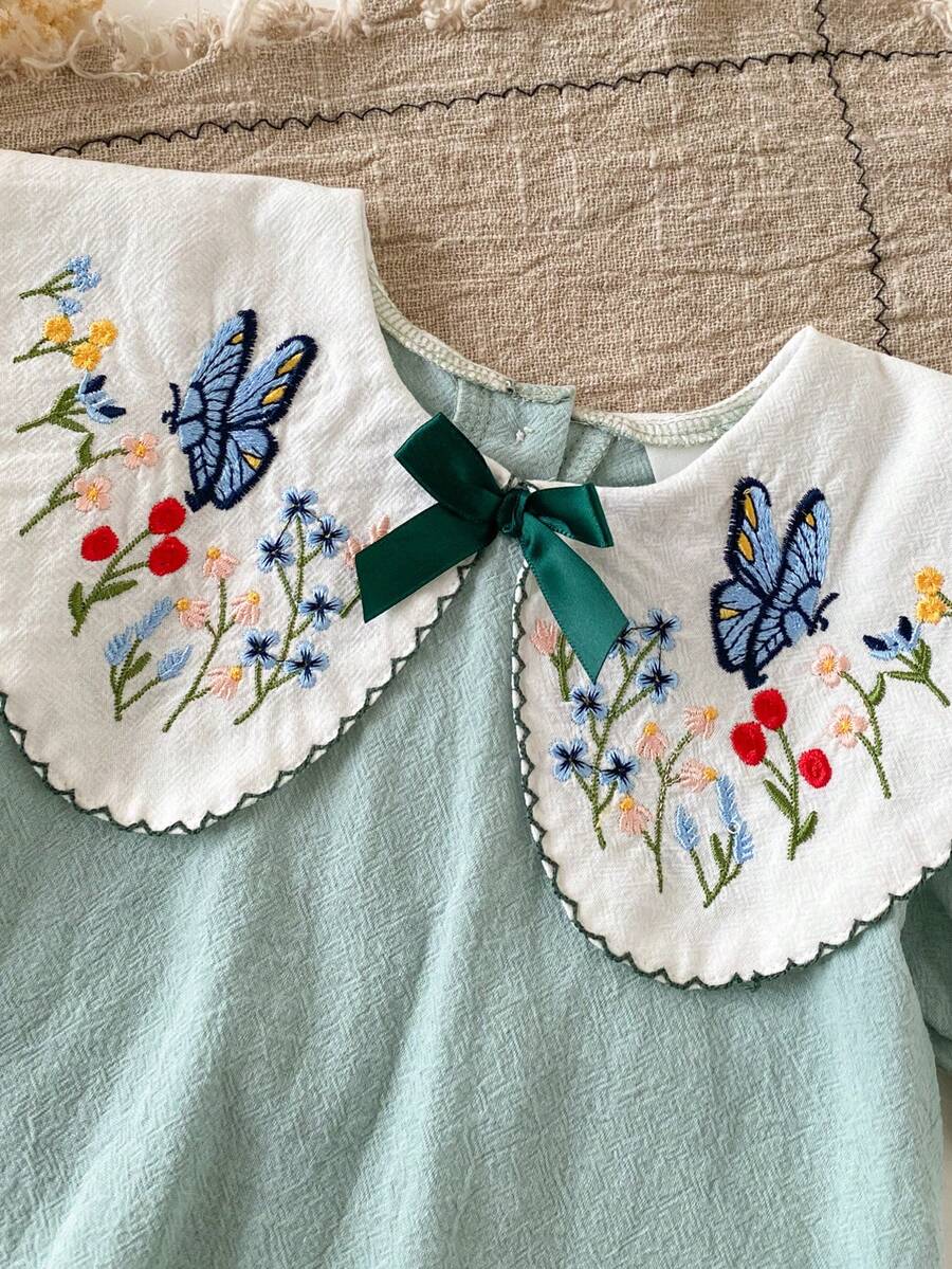 Infant Girl Peter Pan Collar Floral Embroidered Summer Dress for Casual Wear