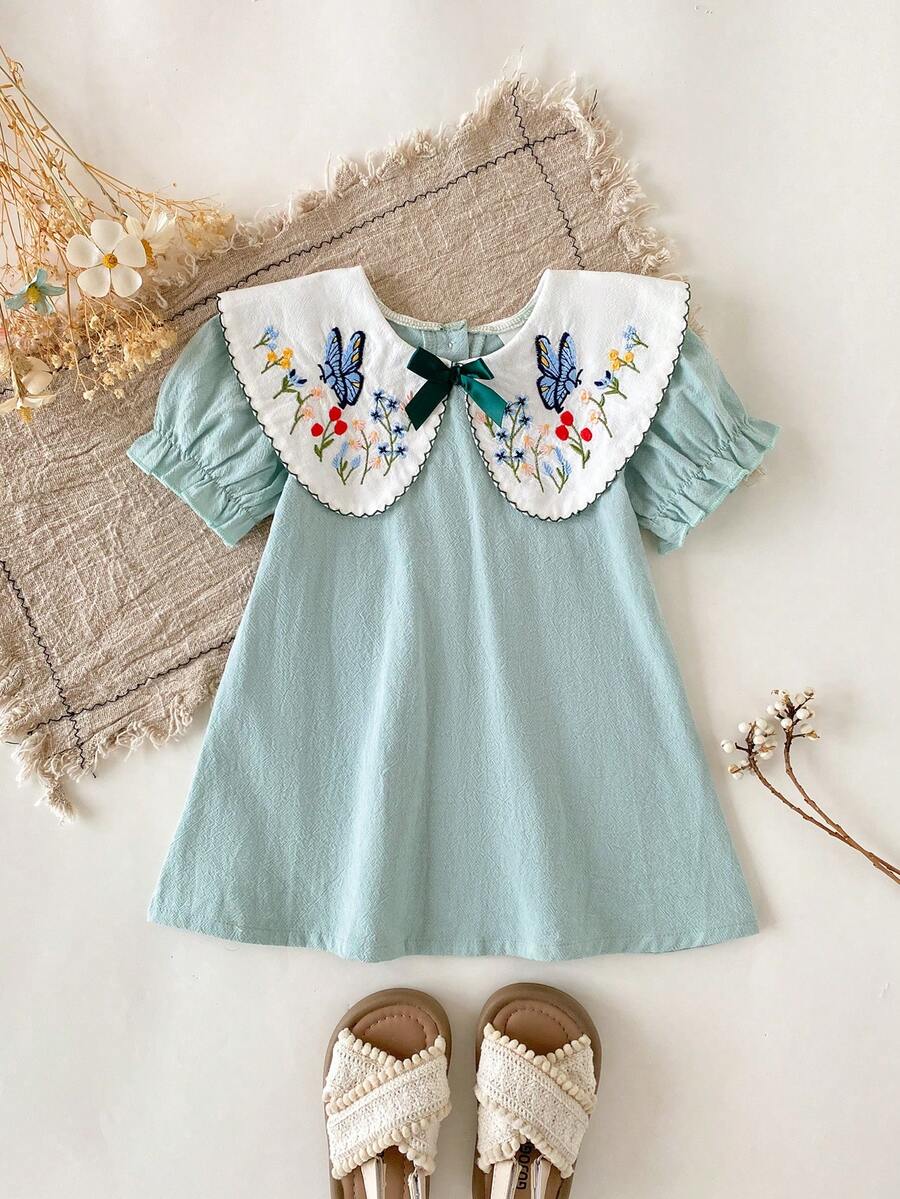 Infant Girl Peter Pan Collar Floral Embroidered Summer Dress for Casual Wear