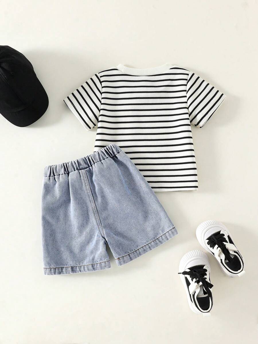 Baby Boy Black and White Striped T Shirt and Denim Shorts 2 Piece Casual Spring Summer Outfit Set