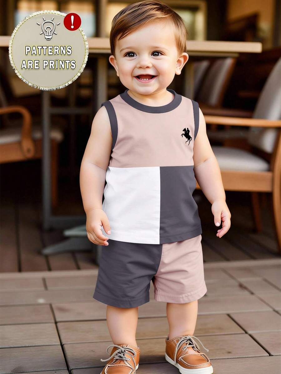 Cute Dinosaur Print Summer Set with Faux Pocket Detail for Baby Boys