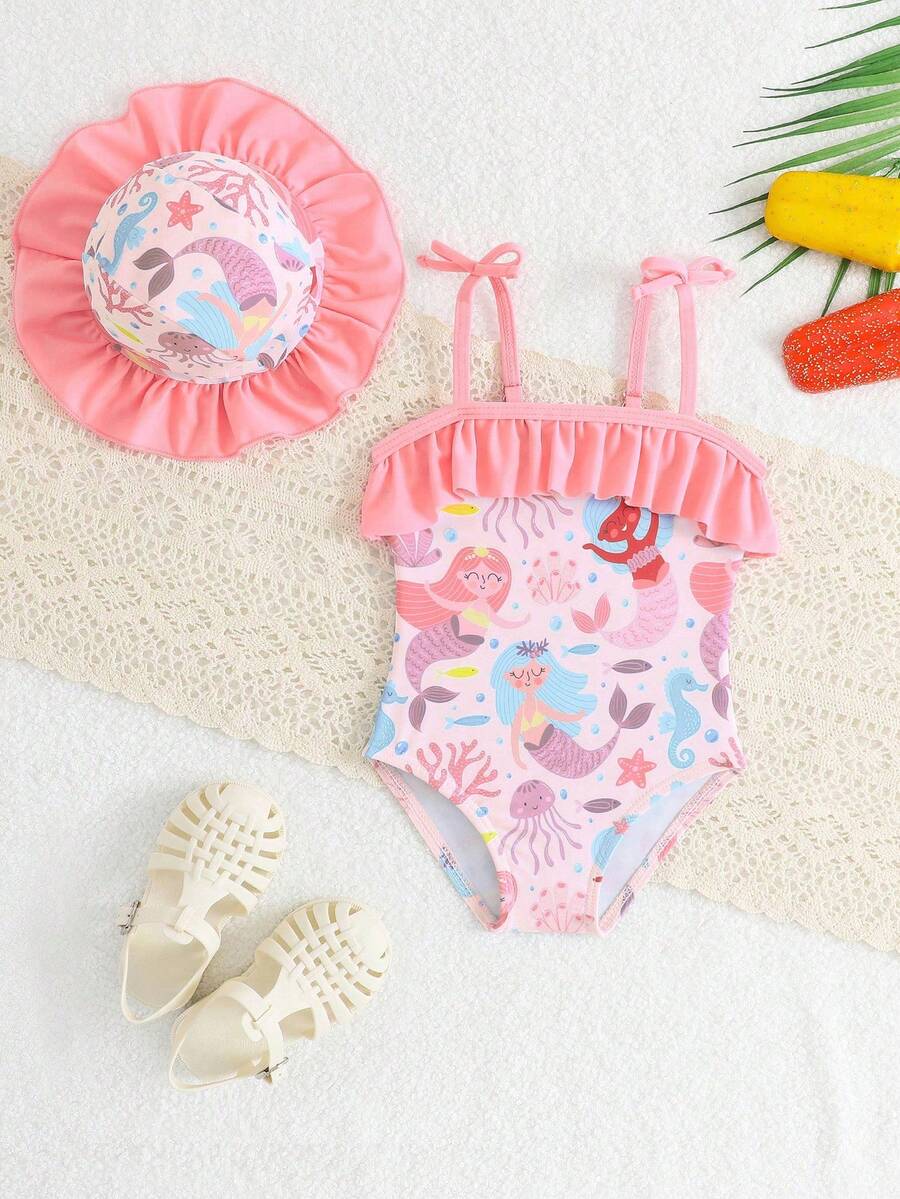 Baby Bow Print Two-Piece Swimsuit Set with Adjustable Straps and Matching Hat