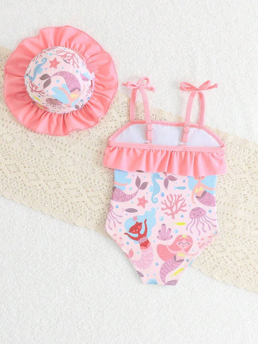 Baby Bow Print Two-Piece Swimsuit Set with Adjustable Straps and Matching Hat