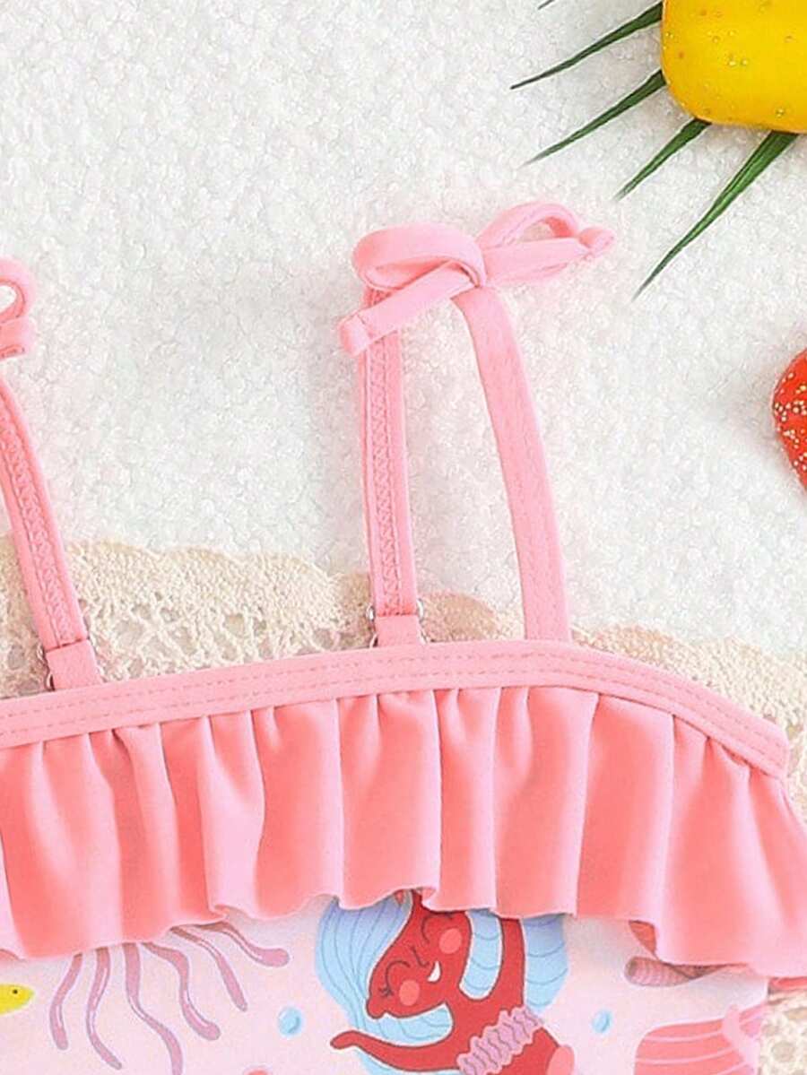 Baby Bow Print Two-Piece Swimsuit Set with Adjustable Straps and Matching Hat