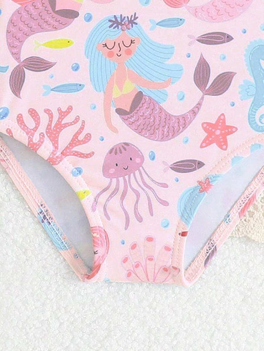 Baby Bow Print Two-Piece Swimsuit Set with Adjustable Straps and Matching Hat
