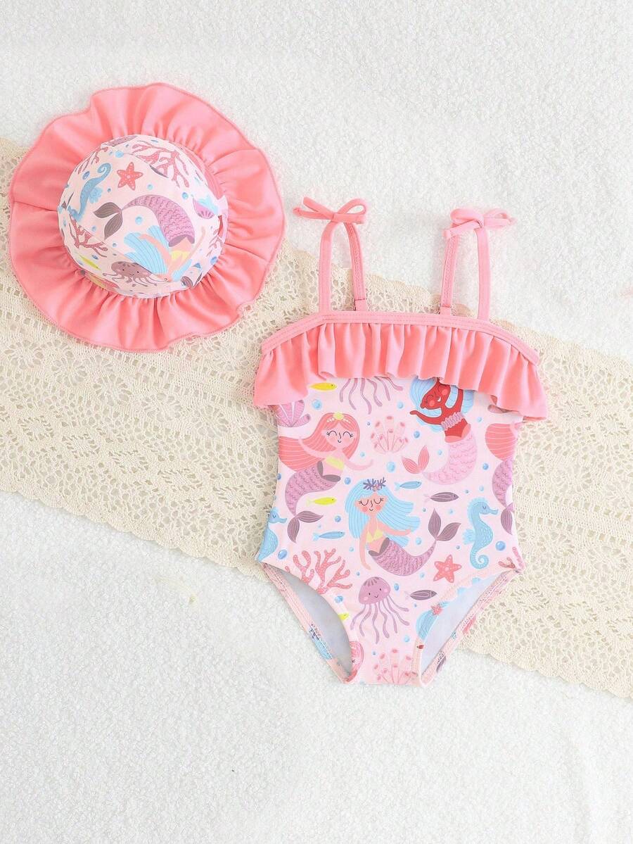 Baby Bow Print Two-Piece Swimsuit Set with Adjustable Straps and Matching Hat