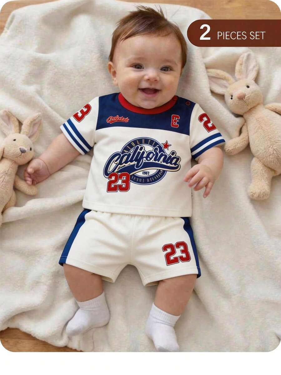 Newborn Boy & Girl Summer Knit Outfit -Cute Cartoon Bear Striped Shirt & Shorts Set