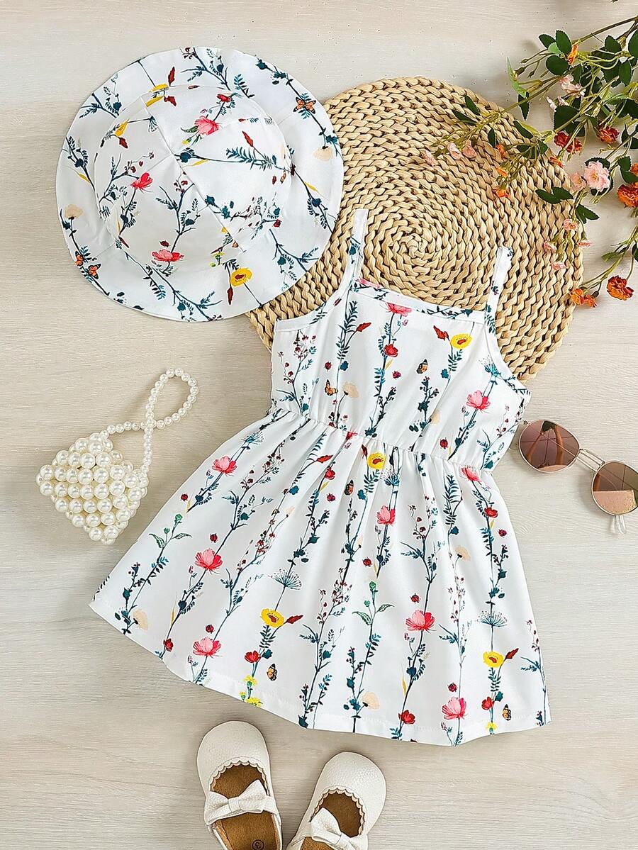 Toddler Girl 2pcs Casual Bee Print Sun Dress Set with Matching Bucket Hat - Comfortable Summer Clothes
