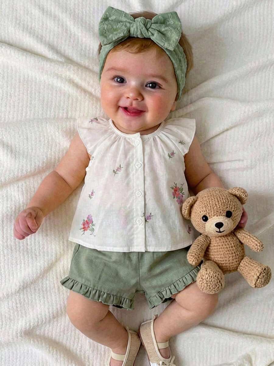 2PCS Baby Floral Embroidered Top and Green Shorts Set for Cute Summer Outings and Parties