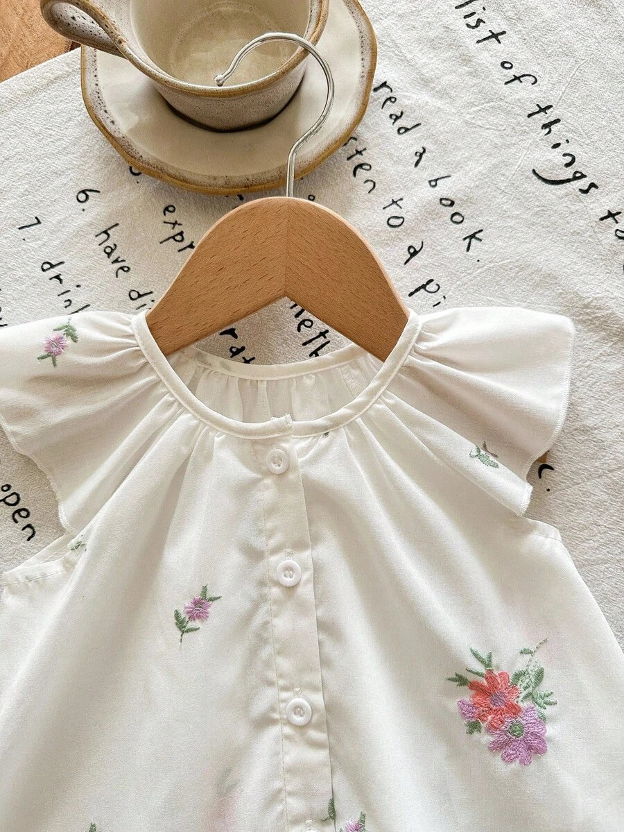 2PCS Baby Floral Embroidered Top and Green Shorts Set for Cute Summer Outings and Parties