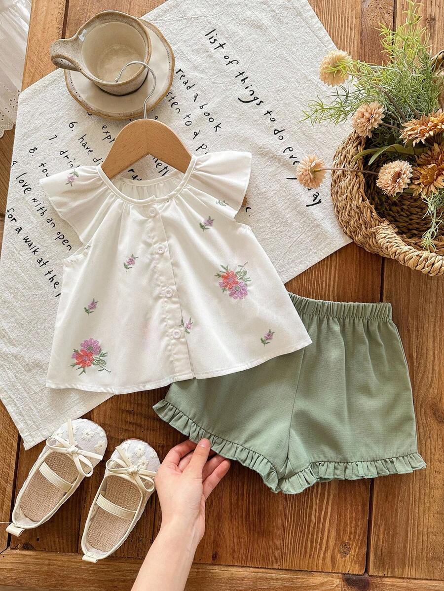 2PCS Baby Floral Embroidered Top and Green Shorts Set for Cute Summer Outings and Parties