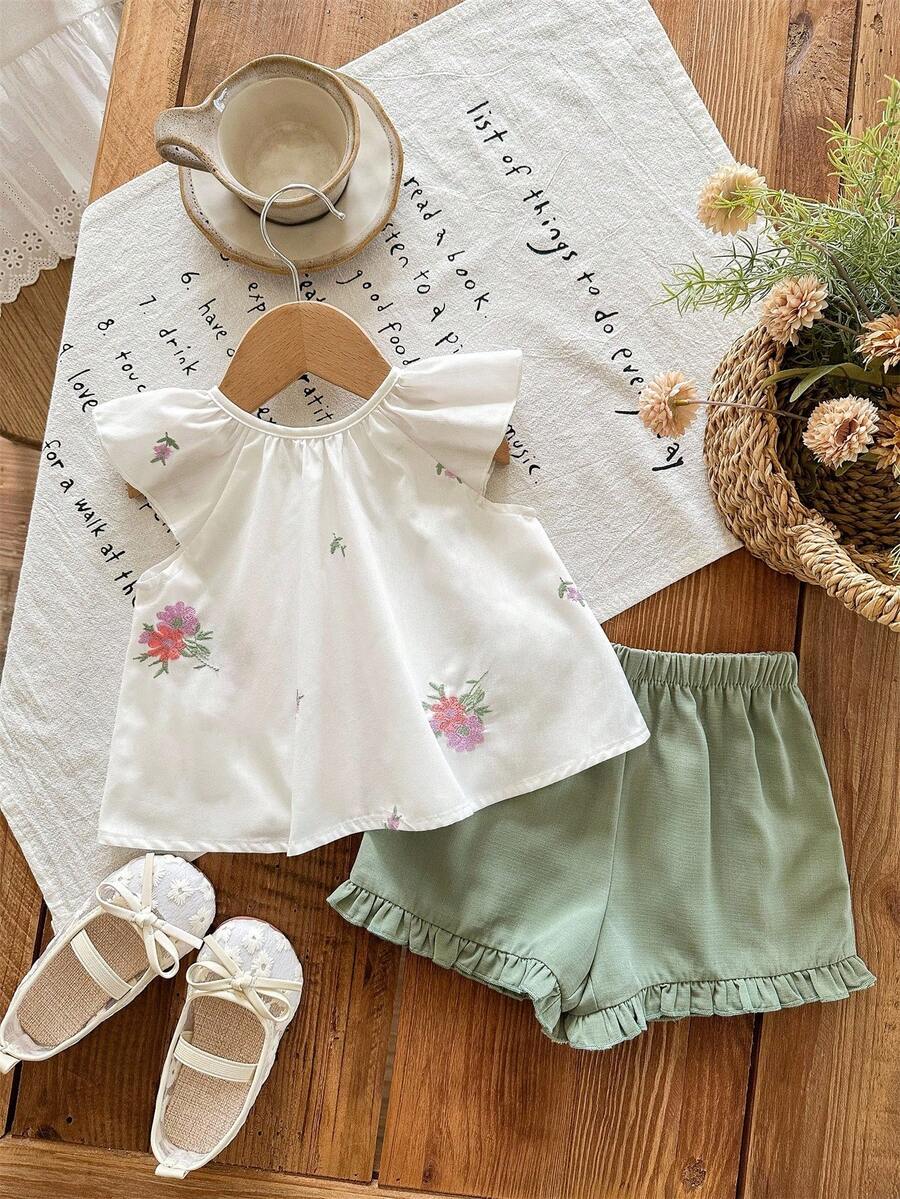 2PCS Baby Floral Embroidered Top and Green Shorts Set for Cute Summer Outings and Parties