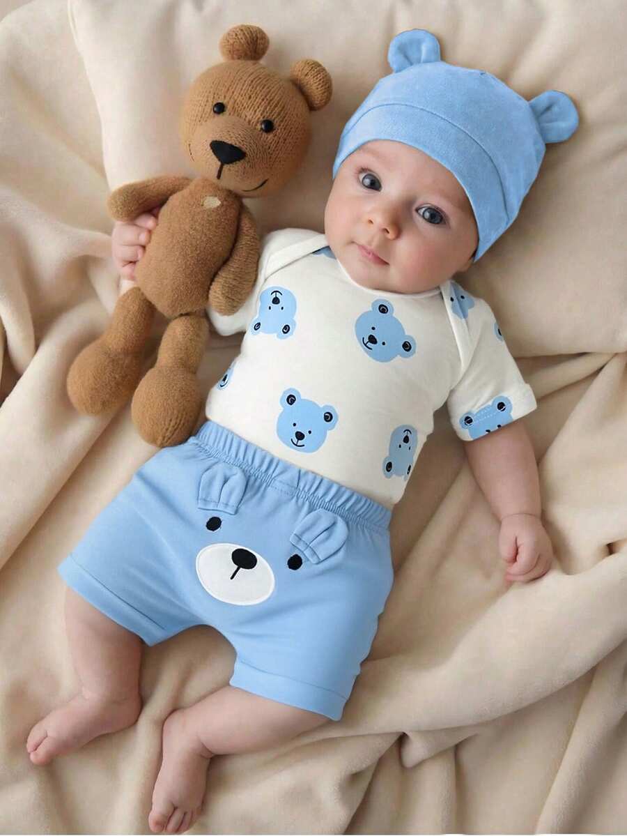 Baby Boys Brown Bear Romper Shorts and Hat Set for Summer Outdoor Wear