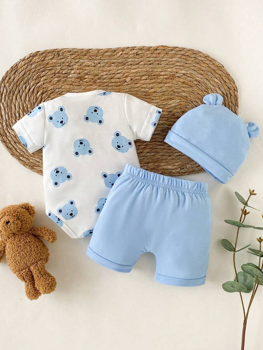Baby Boys Brown Bear Romper Shorts and Hat Set for Summer Outdoor Wear