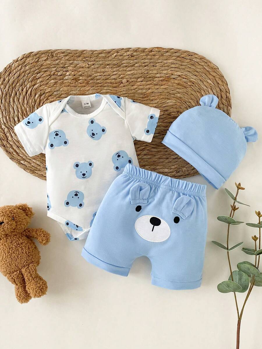 Baby Boys Brown Bear Romper Shorts and Hat Set for Summer Outdoor Wear