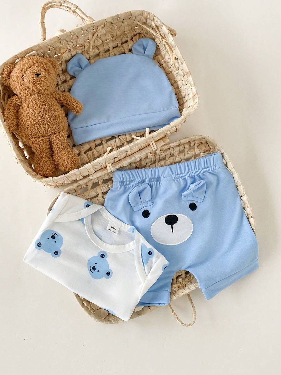 Baby Boys Brown Bear Romper Shorts and Hat Set for Summer Outdoor Wear