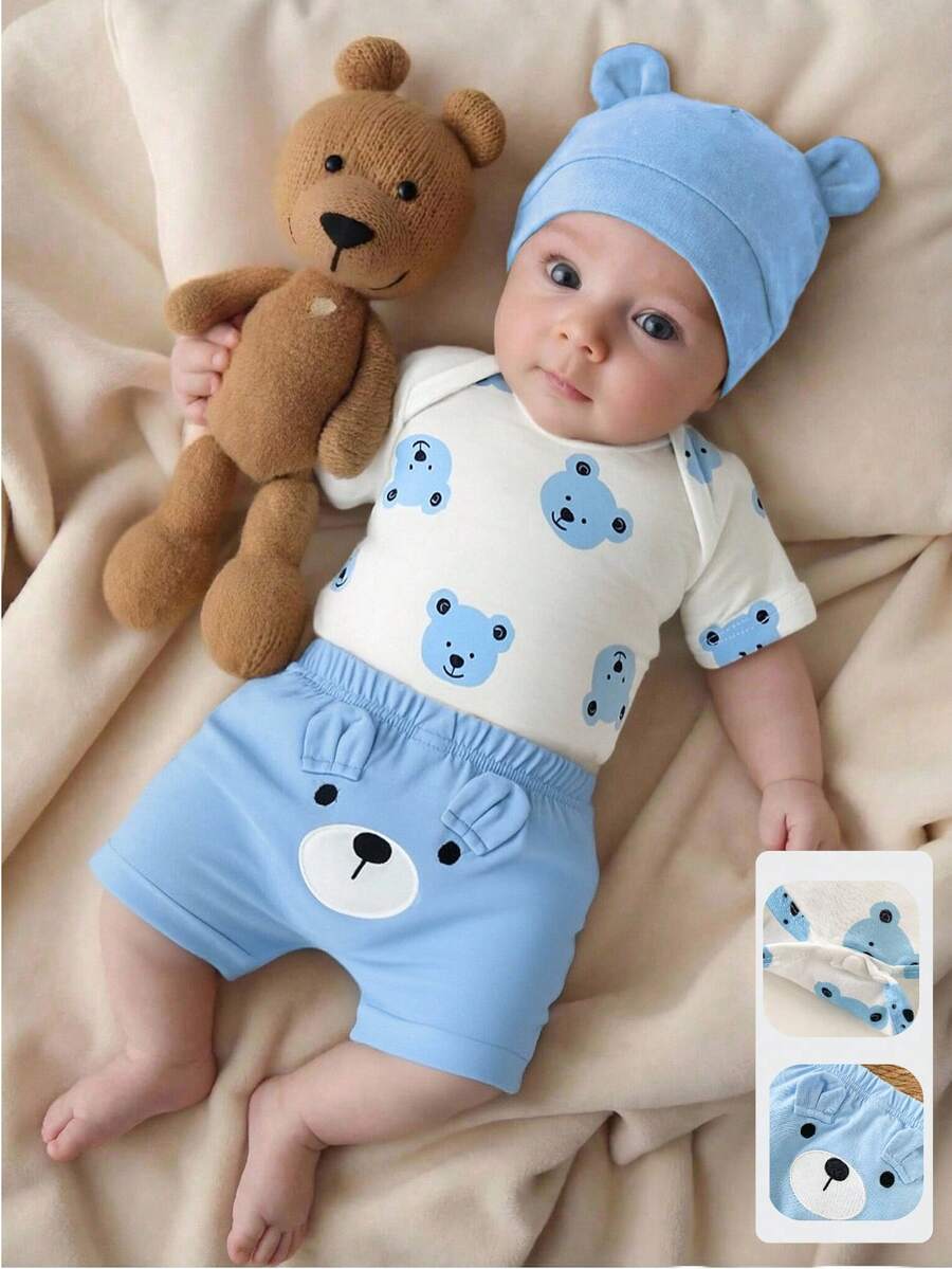 Baby Boys Brown Bear Romper Shorts and Hat Set for Summer Outdoor Wear