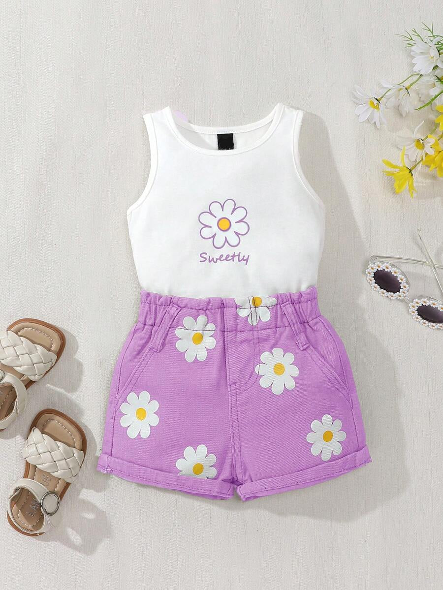 Baby Girl 2-Piece Summer Floral Print Top and Loose Denim Shorts Outfit