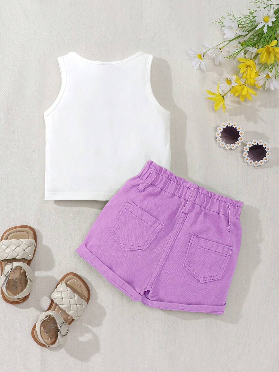 Baby Girl 2-Piece Summer Floral Print Top and Loose Denim Shorts Outfit